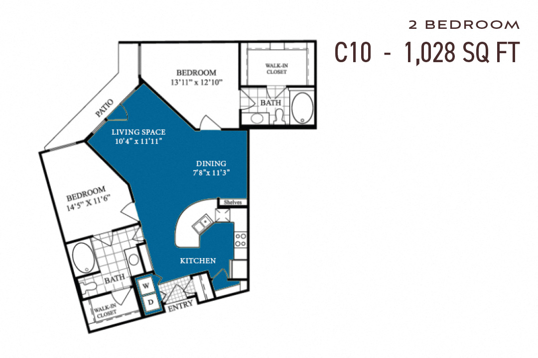 Floor plan for 2 beds, 2 baths, 1028 sqft